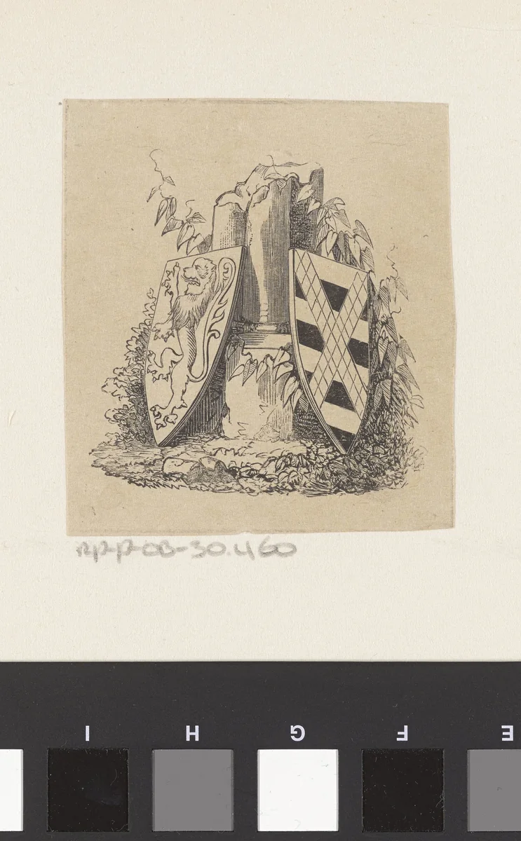 Vignet met twee wapens tegen een halve pilaar by Isaac Weissenbruch, print, 1836-1912