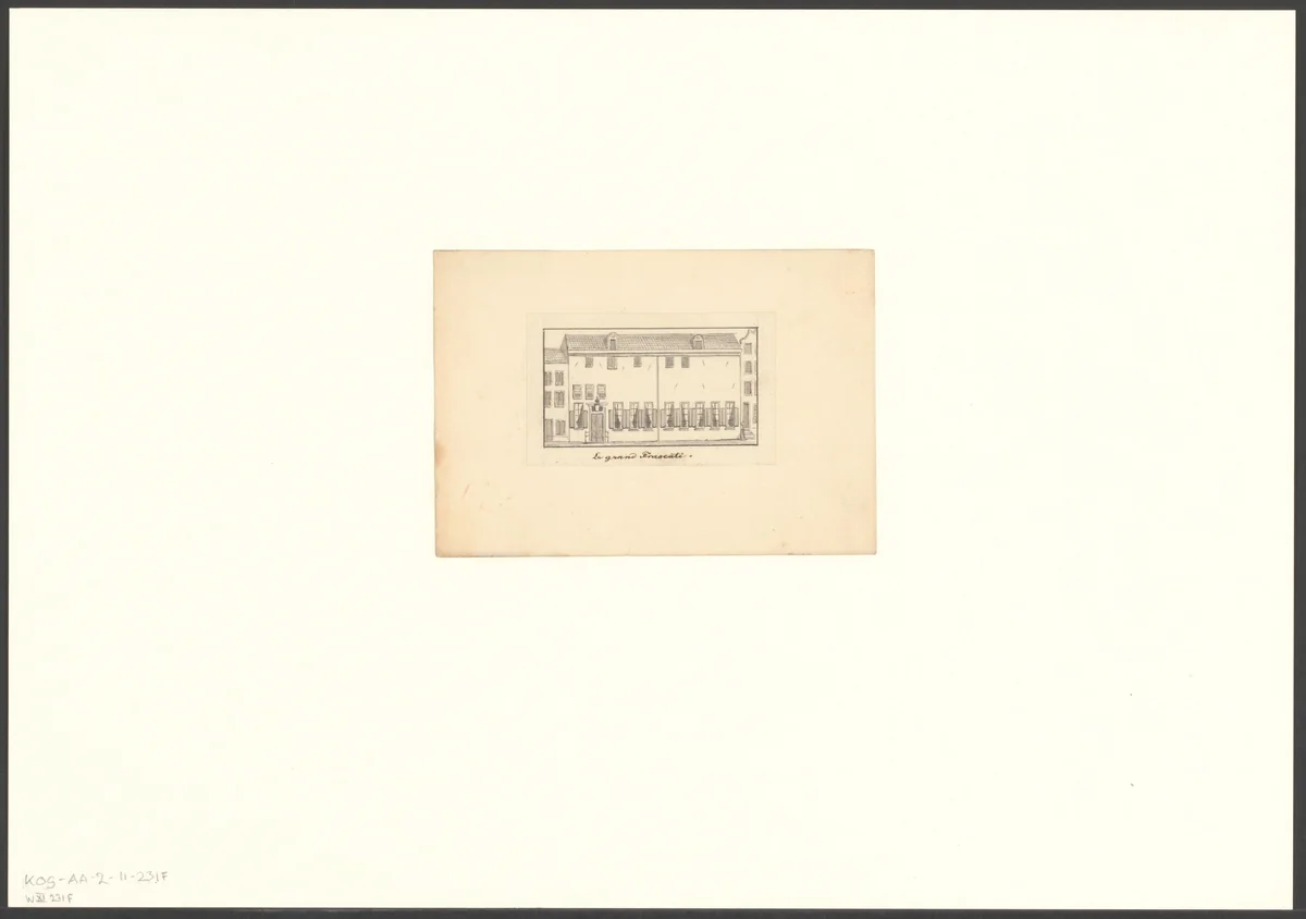 Exterieur van het Frascati in de Nes by anonymous, drawing, 1824-1879