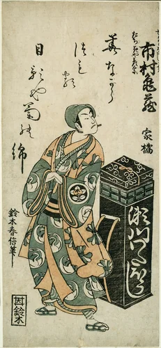 The Actor Ichimura Kamezo I as Tachibanaya Hikoso in the play "Ume Momiji Date no Okido," performed at the Ichimura Theater in the eleventh month by Suzuki Harunobu (鈴木春信), print, 1760