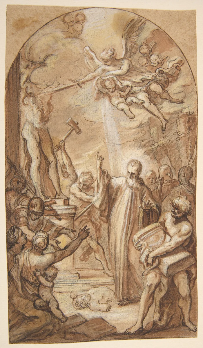 Saint Benedict Orders the Destruction of Idols at Montecassino by Gaspare Serenario, drawing, 1694-1759
