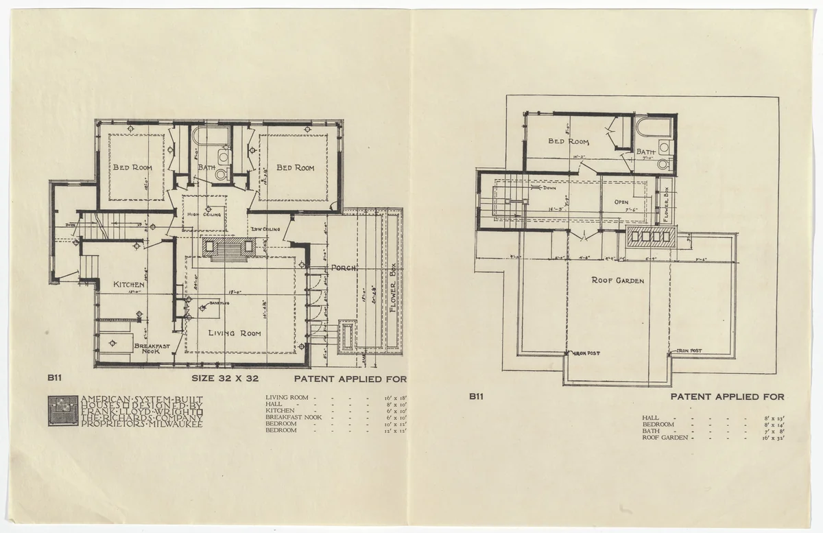 American System-Built Houses for The Richards Company project, Milwaukee, Wisconsin (Plans) by Frank Lloyd Wright, architecture, 1915