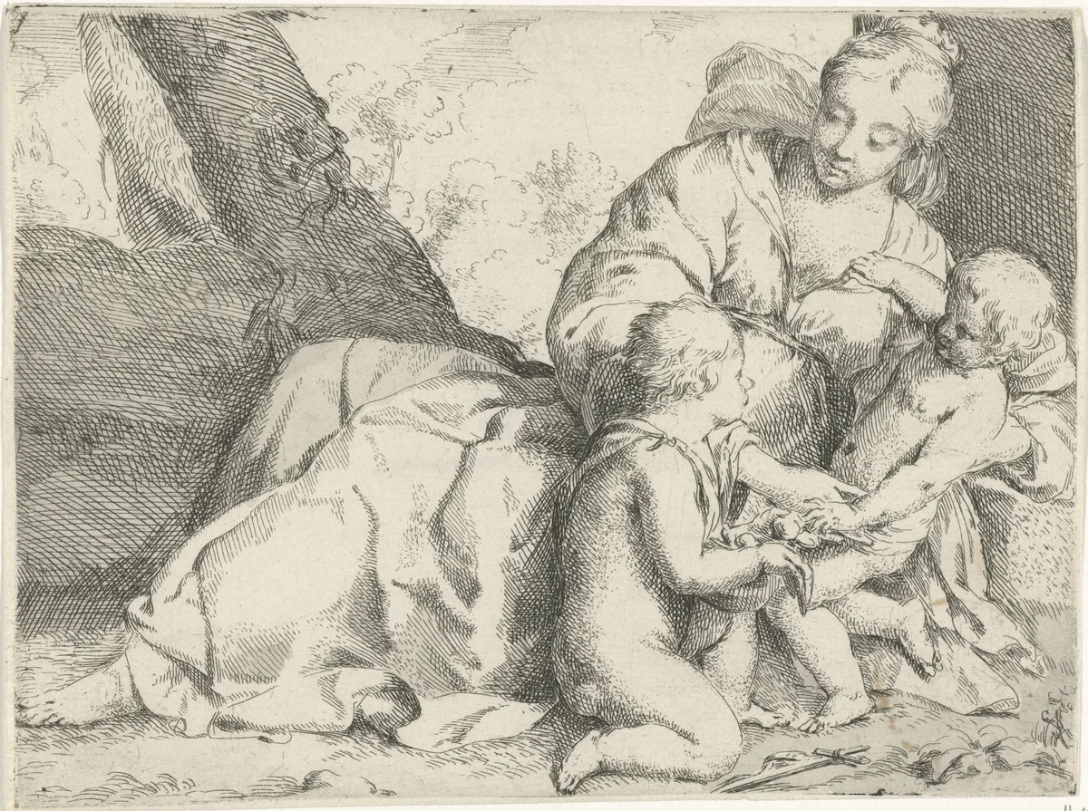 Maria met Christuskind en Johannes de Doper by Jan Miel, print, 1633-1664