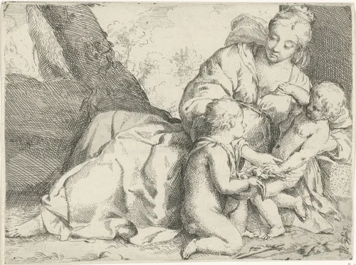Maria met Christuskind en Johannes de Doper by Jan Miel, print, 1633-1664