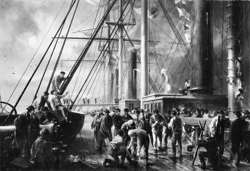 Making the Splice between the Shore End and the Ocean Cable by Robert Charles Dudley, painting, 1861-1871