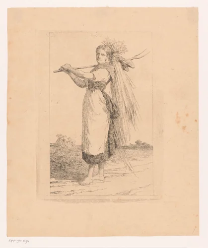 Jonge vrouw loopt op blote voeten met een hooivork over haar schouder door het land by Frans Van Kuyck, print, 1862-1911