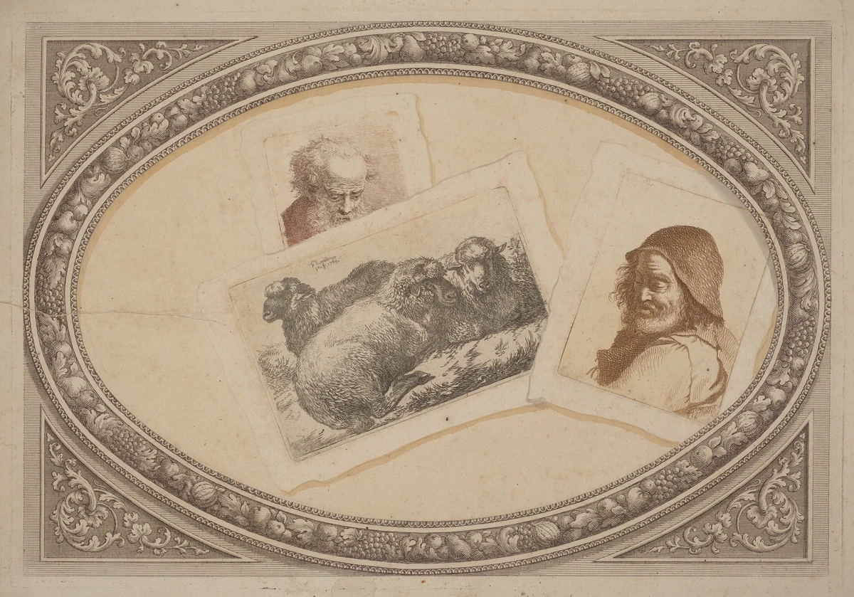 Trompe l'Oeil: Prints with Men and Sheep, Using Original Copperplates by Francesco Londonio, print, 1790