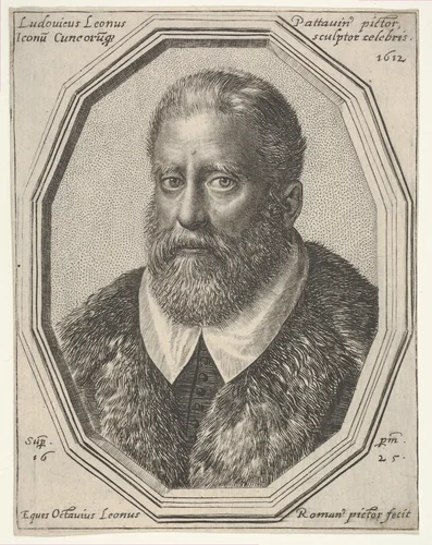 Ludovico Leoni, a bust-length portrait in a twelve-sided frame by Ottavio Leoni, print, 1625