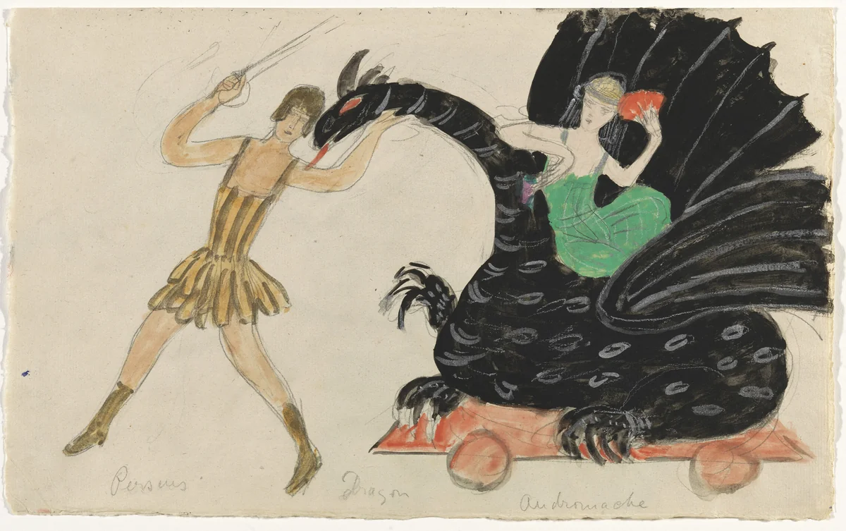 Costume design (Perseus, Dragon, and Andromache) for artist's ballet Orphée of the Quat-z-arts, \Costume design (\Perseus, Dragon, and Andromache\) for artist's ballet\ Orphée of the Quat-z-arts by Florine Stettheimer, drawing, 1912