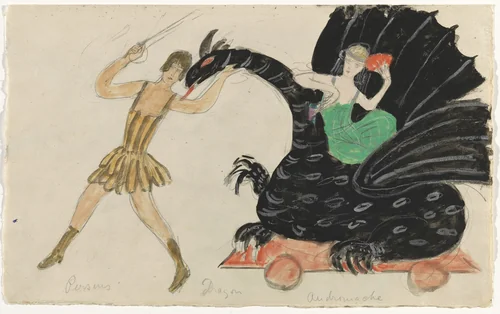 Costume design (Perseus, Dragon, and Andromache) for artist's ballet Orphée of the Quat-z-arts, \Costume design (\Perseus, Dragon, and Andromache\) for artist's ballet\ Orphée of the Quat-z-arts by Florine Stettheimer, drawing, 1912
