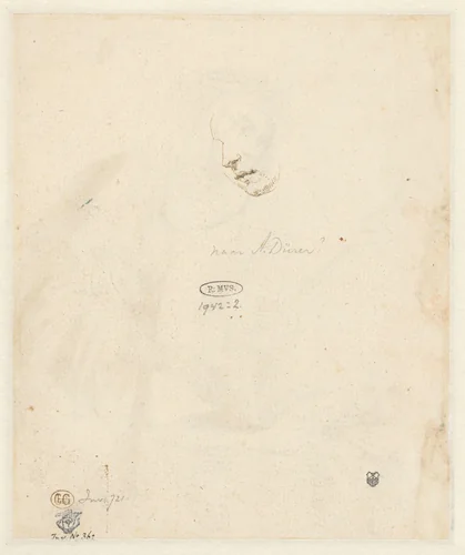 Schets van het hoofd van een neerziende vrouw by Matthys van den Bergh, drawing, 1627-1687