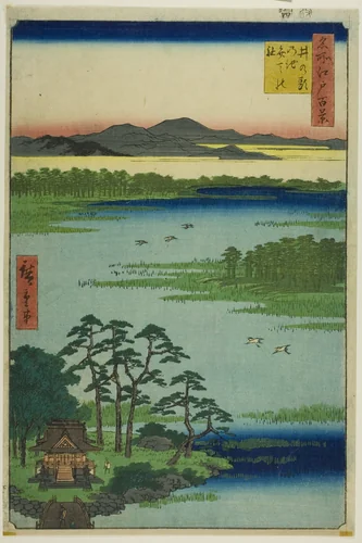 Benten Shrine and Inokashira Pond (Inokashira no ike Benten no yashiro), from the series "One Hundred Famous Views of Edo (Meisho Edo hyakkei)" by Utagawa Hiroshige (歌川広重), print, 1856