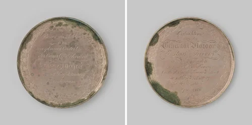 Gedenkpenning door generaal-majoor J. Staats Boonen vereerd aan de Onderofficiers sociëteit Eensgezindheid van het regiment schutterij te Amsterdam by anonymous, metalwork, 1866