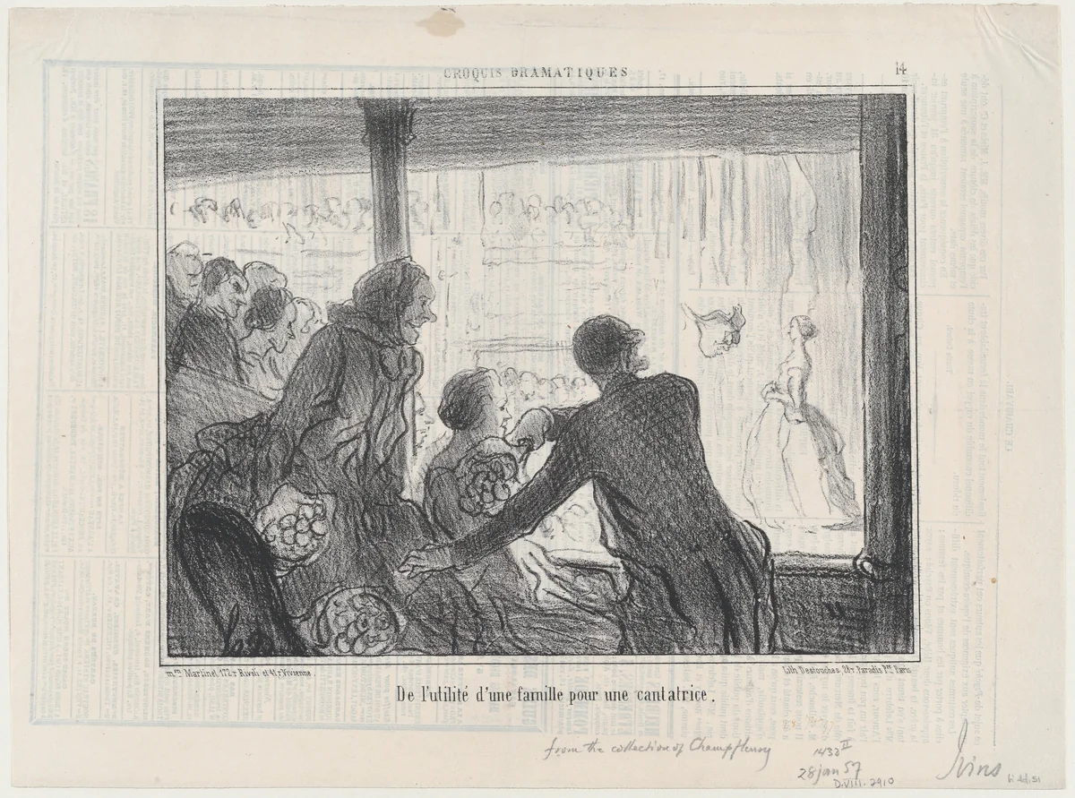 De l'utilité d'une famille pour une cantatrice, from Croquis Parisiens, published in Le Charivari, January 28, 1857 by Honoré Daumier, print, 1857