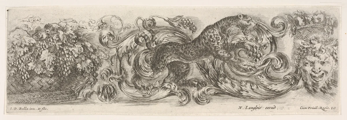 Design for a Frieze with Acanthus Scrolls and a Leopard in the Center, plate 10 from "Decorative friezes and foliage" (Ornamenti di fregi e fogliami) by Stefano della Bella, print, 1645-1650