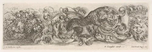 Design for a Frieze with Acanthus Scrolls and a Leopard in the Center, plate 10 from "Decorative friezes and foliage" (Ornamenti di fregi e fogliami) by Stefano della Bella, print, 1645-1650