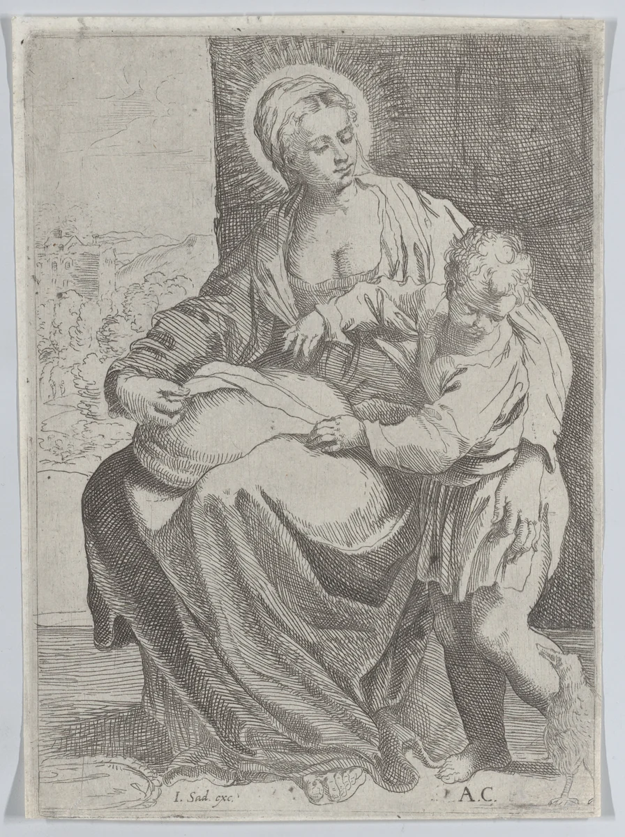 The Virgin seated holding a pillow on her lap with the young Christ standing at right by Annibale Carracci, print, 1580-1600