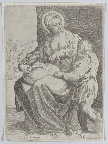 The Virgin seated holding a pillow on her lap with the young Christ standing at right by Annibale Carracci, print, 1580-1600