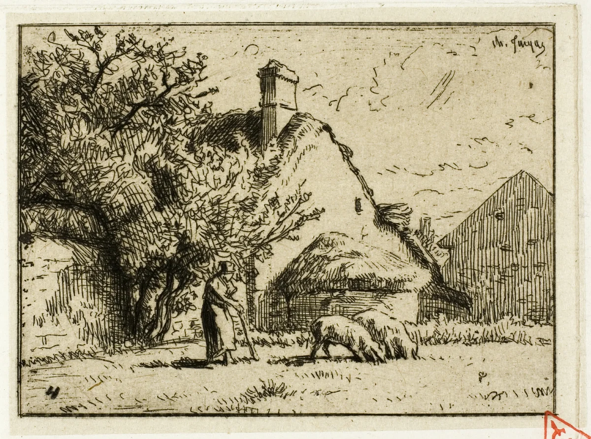 Woman Tending Two Pigs by Charles-Émile Jacque, print, 1849