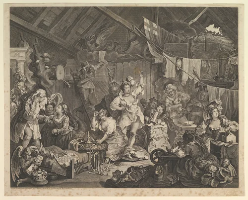 Strolling Actresses Dressing in a Barn by William Hogarth, print, 1738