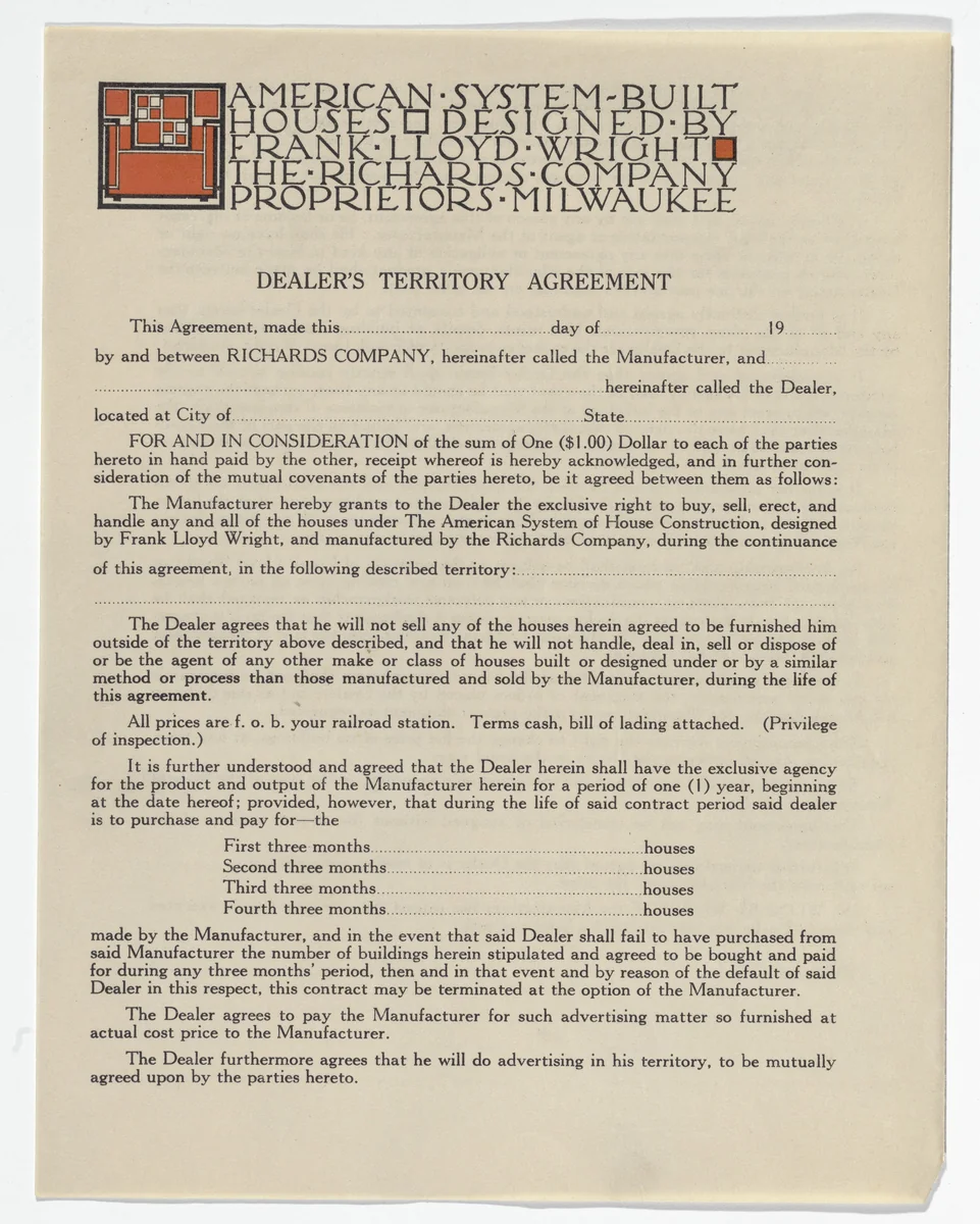 American System-Built Houses for The Richards Company project, Milwaukee, Wisconsin by Frank Lloyd Wright, architecture, 1915