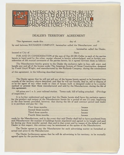 American System-Built Houses for The Richards Company project, Milwaukee, Wisconsin by Frank Lloyd Wright, architecture, 1915