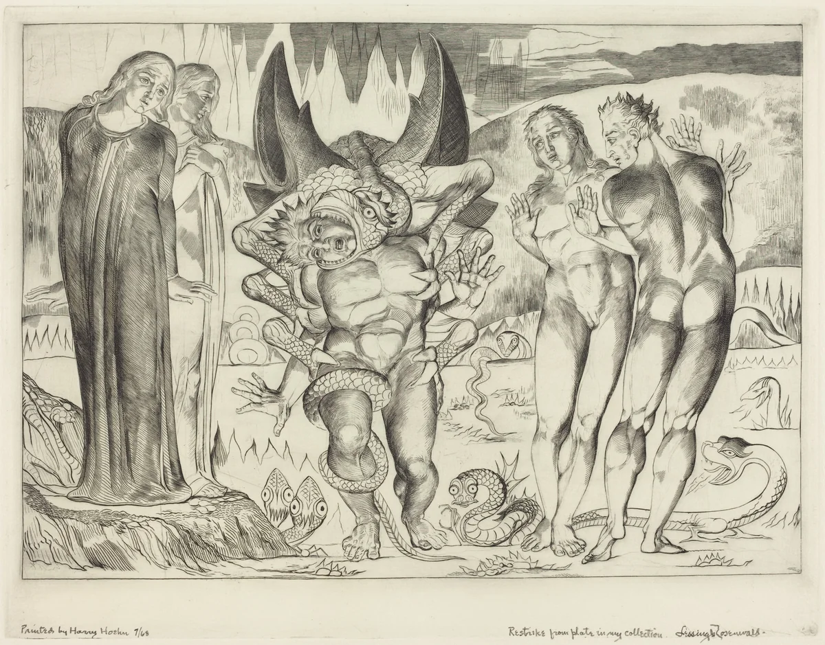 The Circle of the Thieves; Agnolo Brunelleschi Attacked by a Six-Footed Serpent by William Blake, print, 1827