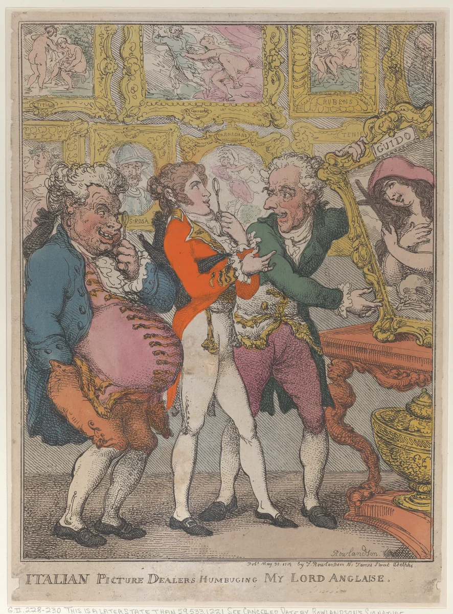 Italian Picture Dealers Humbugging My Lord Anglaise by Thomas Rowlandson, print, 1812