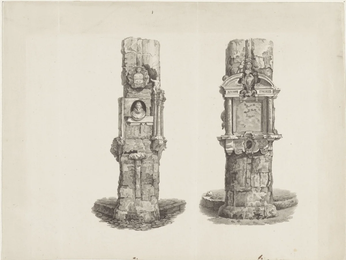Twee zuilen met gedenktekens by anonymous, print, 1822-1845