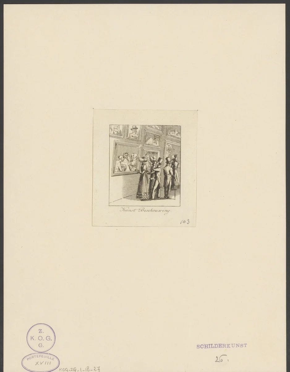 Drie vrouwen en twee mannen kijken naar schilderijen by anonymous, print, 1750-1849