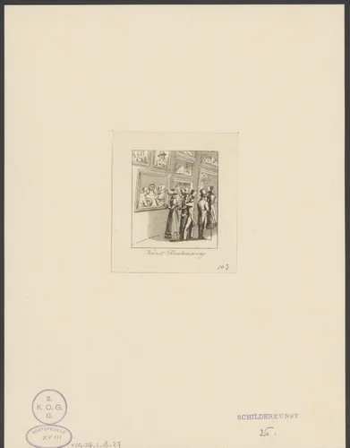 Drie vrouwen en twee mannen kijken naar schilderijen by anonymous, print, 1750-1849