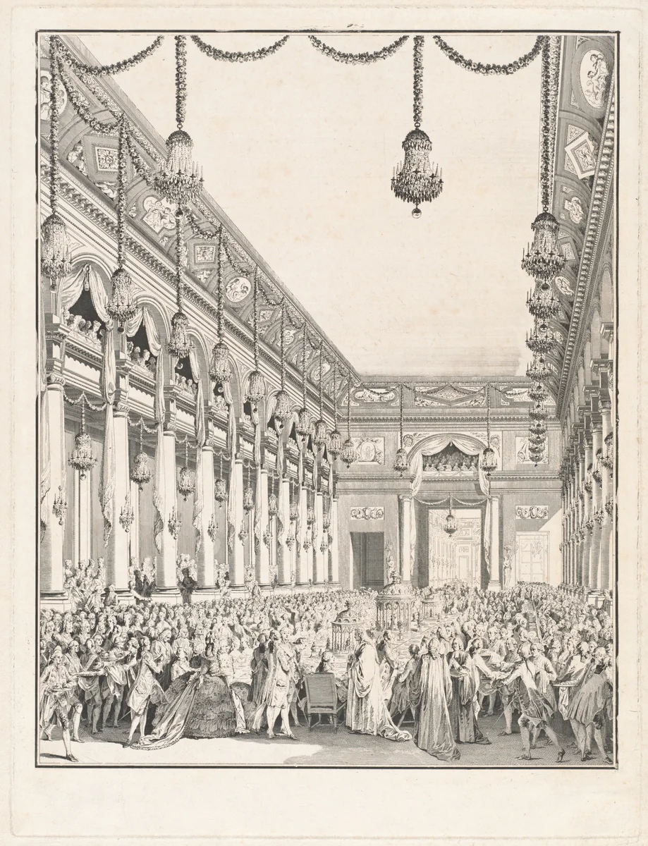 Le festin royal - Fête donnée à l'occasion de la naissance de Monseigneur le Dauphin, 21 janvier 1782 by Jean Michel Moreau, print, 1782