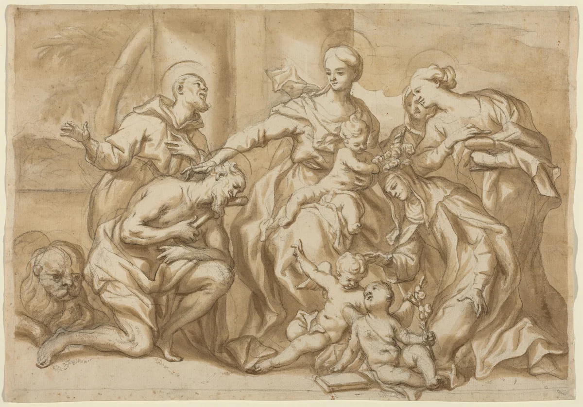 Madonna Surrounded by Saints by Domenico Piola, drawing, 1627-1703