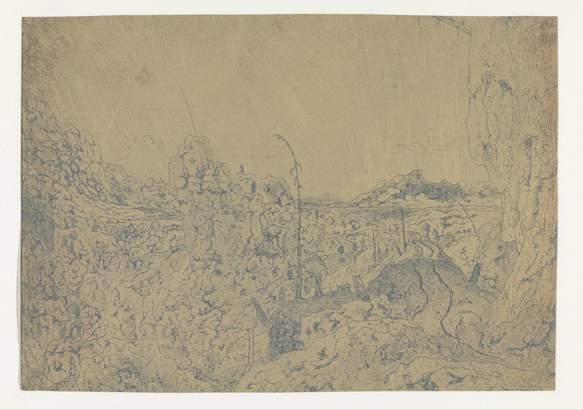 Rocky Landscape with a Man Walking to the Right, First Version by Hercules Segers, print, 1625-1630