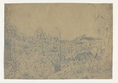 Rocky Landscape with a Man Walking to the Right, First Version by Hercules Segers, print, 1625-1630