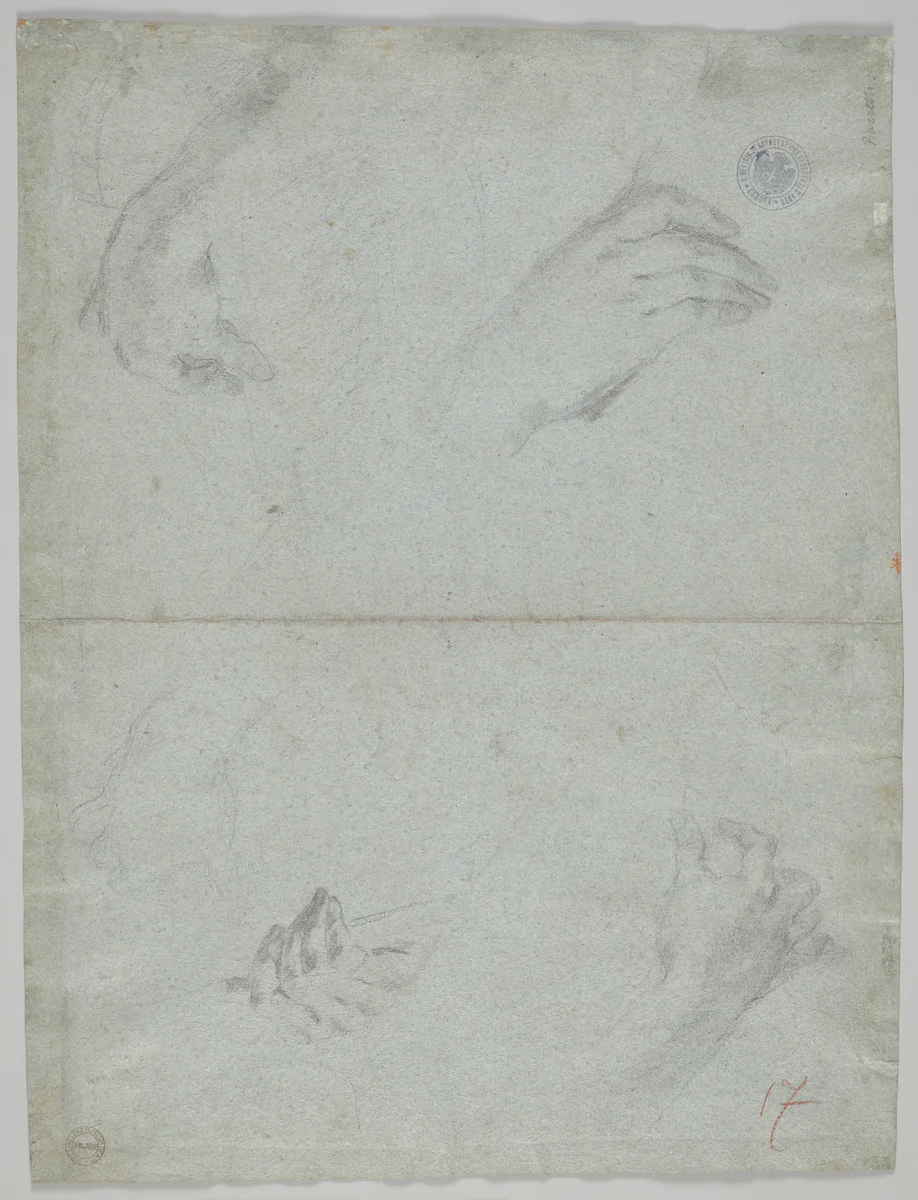 Studies of Hands Playing Instruments (verso) by Giovanni Battista Piazzetta, drawing, 1723-1727