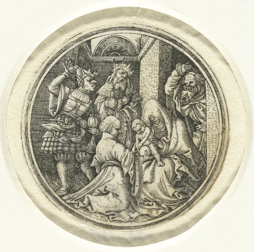 Aanbidding der koningen by Monogrammist HL, print, 1505-1533