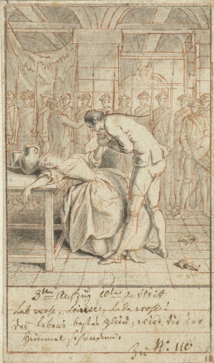 Alexis buigt zich over de flauwgevallen Louise by Daniel Nikolaus Chodowiecki, drawing, 1770-1775