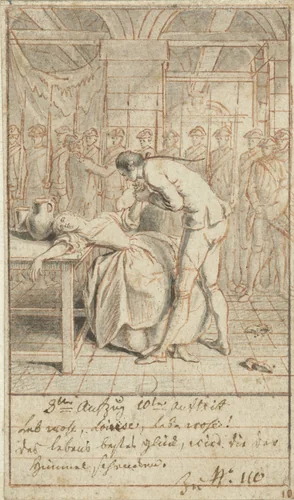 Alexis buigt zich over de flauwgevallen Louise by Daniel Nikolaus Chodowiecki, drawing, 1770-1775
