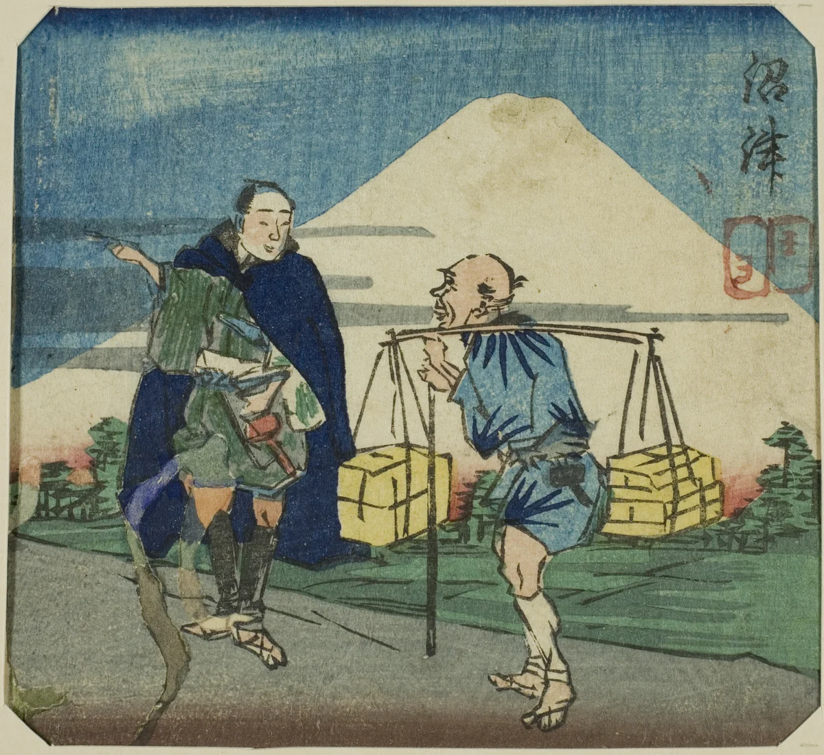Numazu, section of a sheet from the series "A Harimaze Mirror of Joruri Plays (Harimaze joruri kagami)" by Utagawa Kuniyoshi (歌川國芳), print, 1854