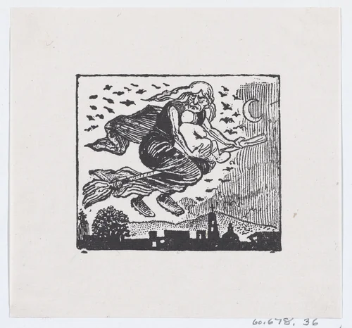 A witch carrying a child on her broom by José Guadalupe Posada, print, 1875-1885
