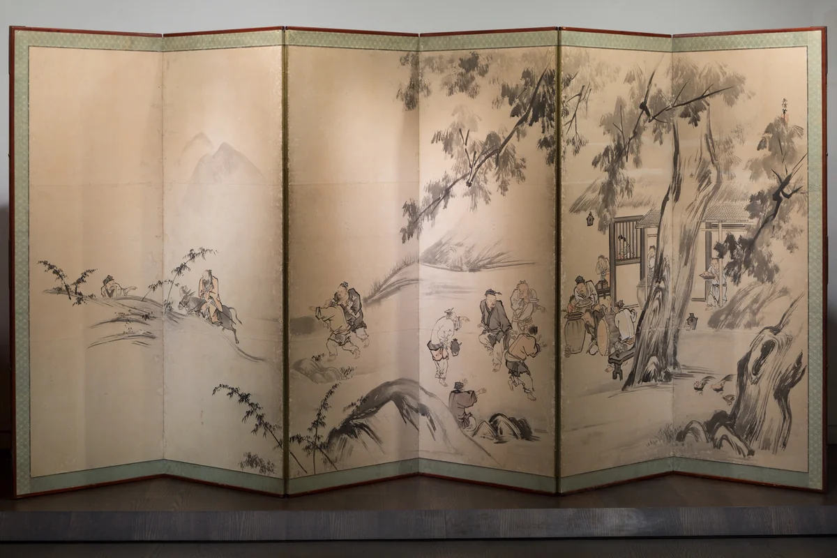 Monkey Trainers and Scenes of Chinese Life (耕作図屏風) by Kano Yasunobu (狩野安信), other, 1601-1700