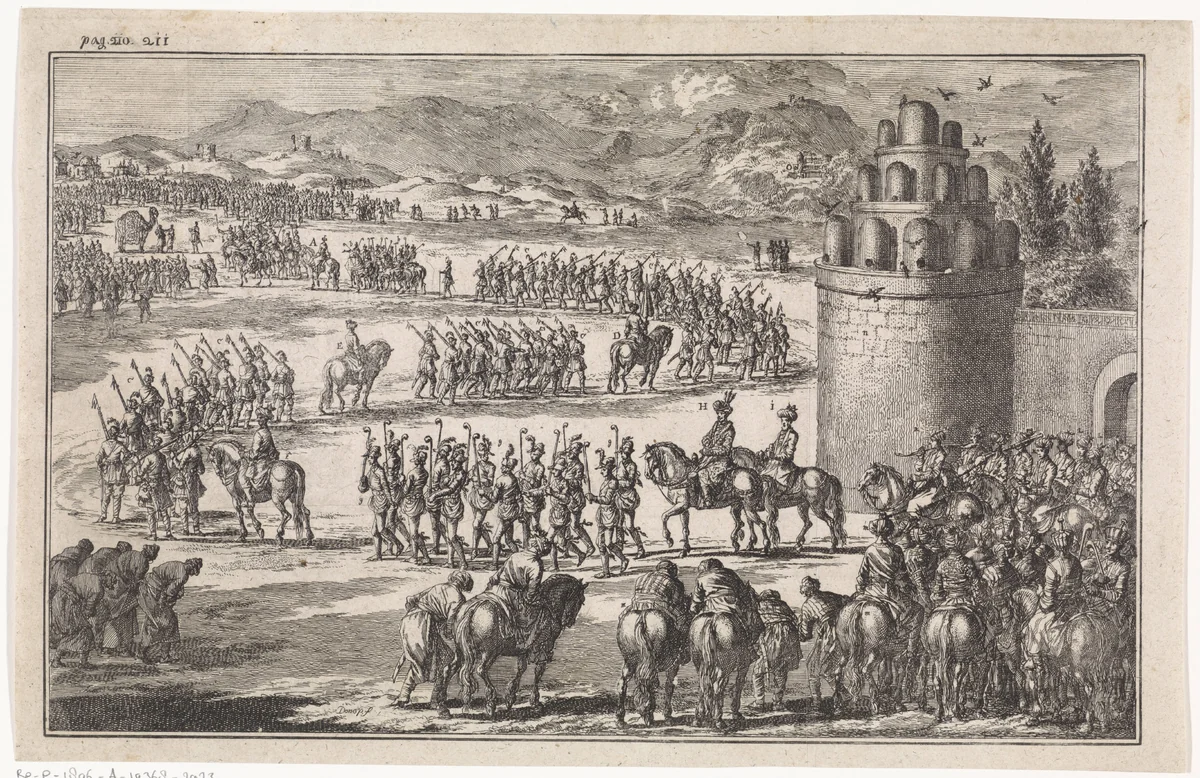 Stoet bij het uitrijden van de koning van Perzië by Jan Luyken, print, 1712