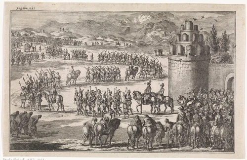 Stoet bij het uitrijden van de koning van Perzië by Jan Luyken, print, 1712