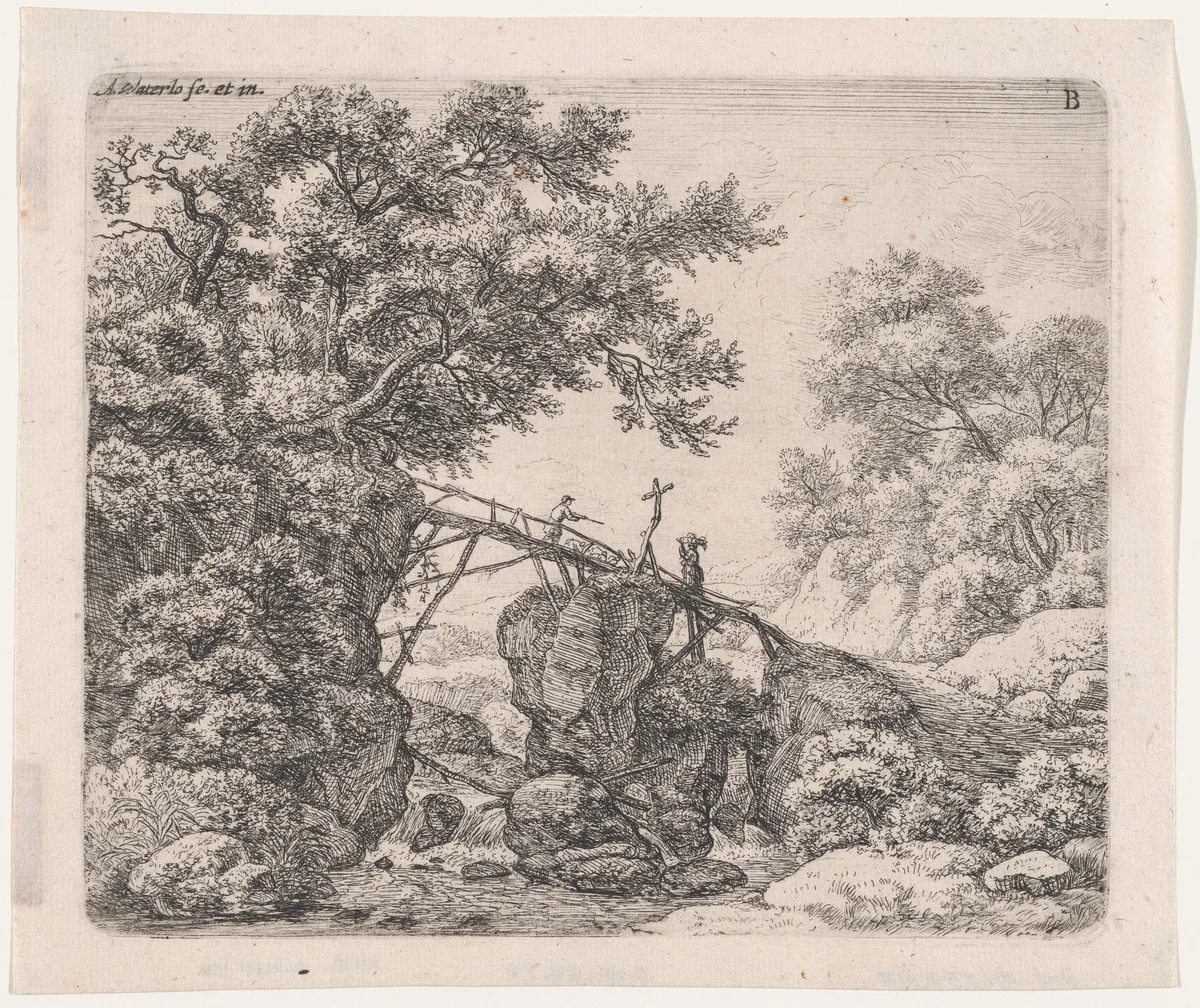 A Small Sloping Bridge by Anthonie Waterloo, print, 1620-1690