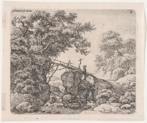 A Small Sloping Bridge by Anthonie Waterloo, print, 1620-1690