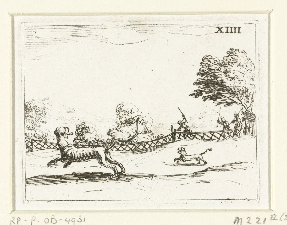 Jagers achtervolgen een leeuwin en haar welp by Jacques Callot, print, 1625-1629