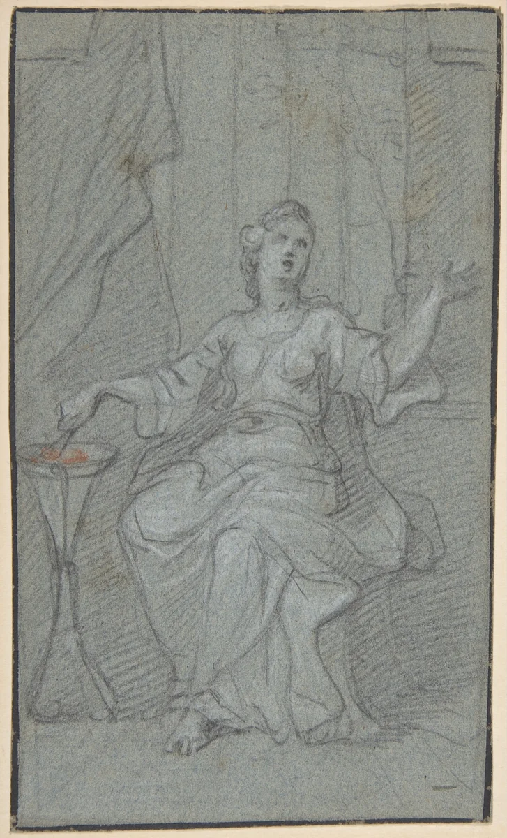 Woman Lighting a Sacrificial Fire by Claude Guy Hallé, drawing, 1660-1736
