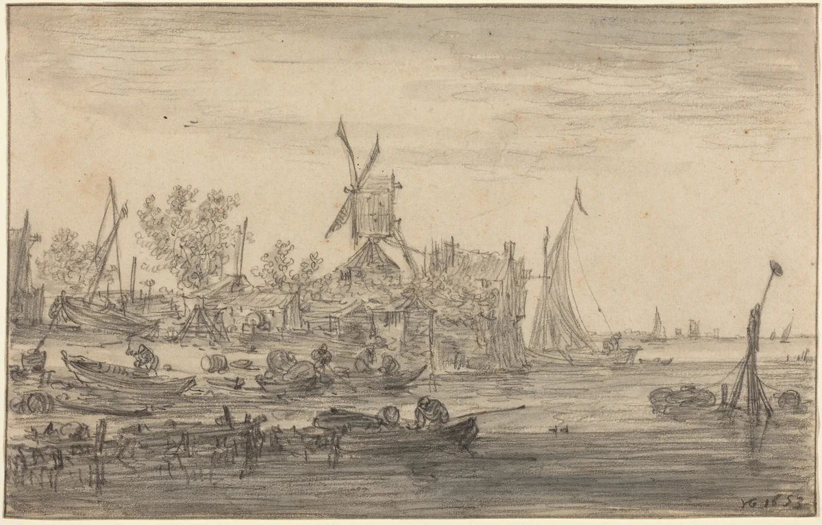 Foreshore Scene with Windmill by Jan van Goyen, drawing, 1653