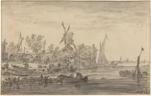 Foreshore Scene with Windmill by Jan van Goyen, drawing, 1653