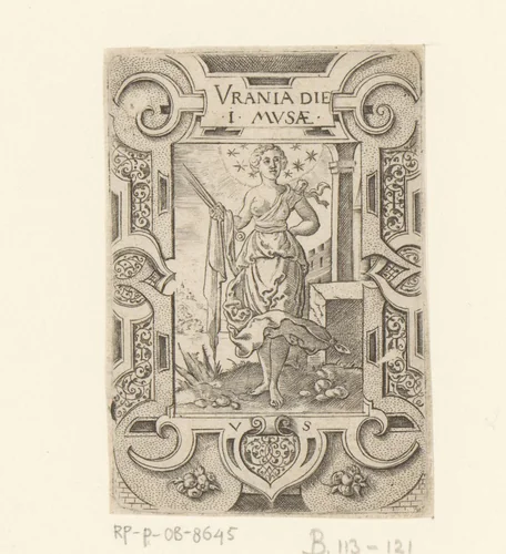 Urania in rolwerk omlijsting by Unknown, print, 1524-1562